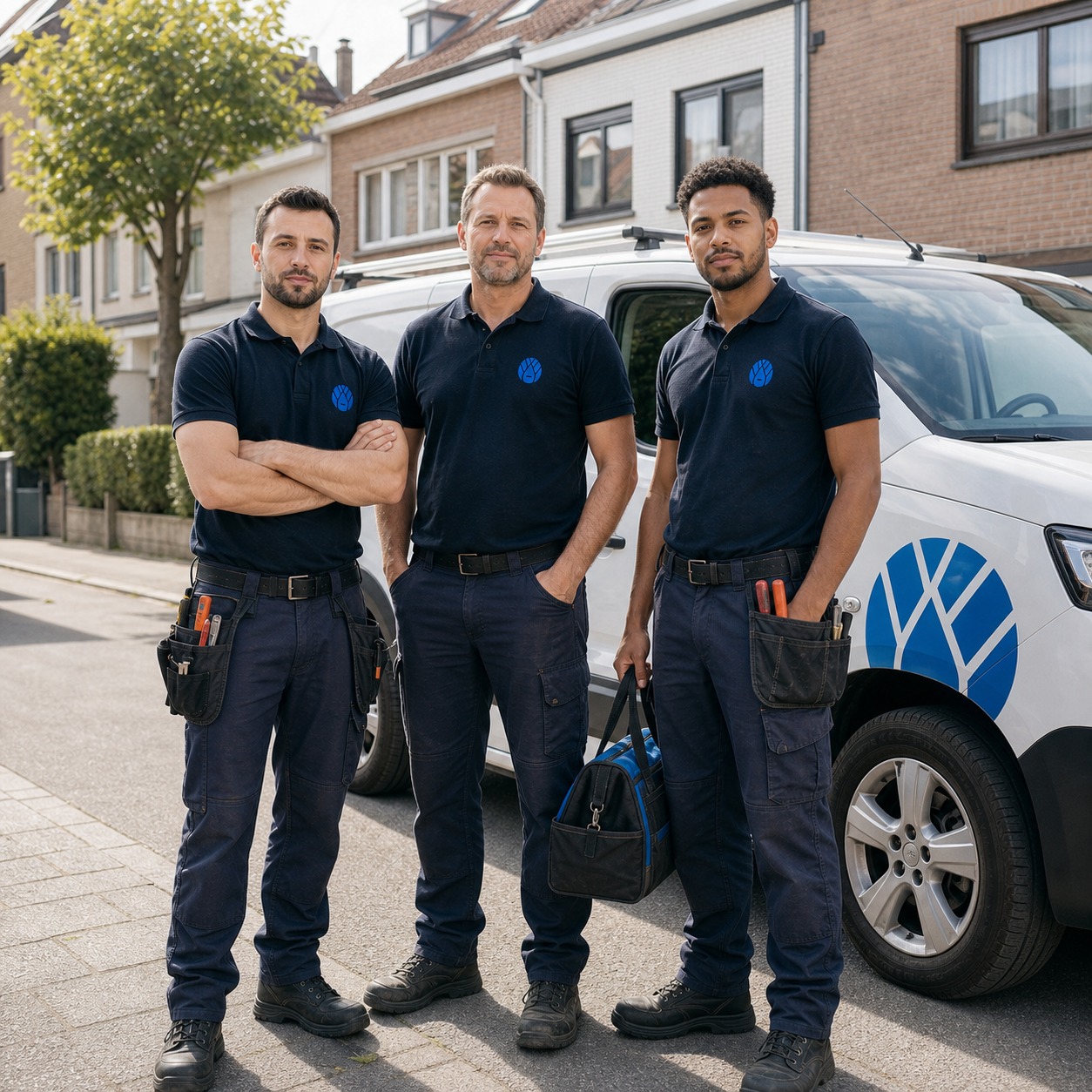 Équipe Expert Dépannage devant une camionnette de service